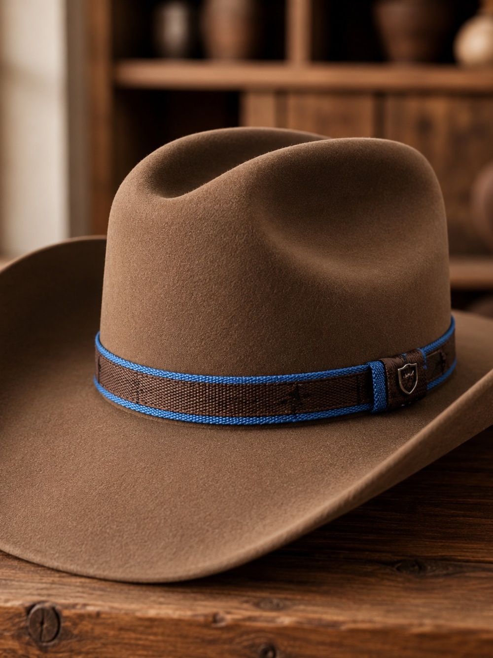 Brixton Brown hat Strap with Blue Edge Accent